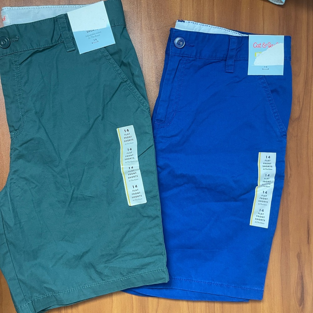 Lot of 2 Cat&Jack Boys Size 14 Flat Front Shorts Bundle Blue Green School Casual